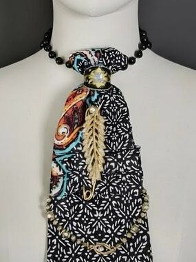 Boho Black Patterned Fabric Tie Necklace with Gold Leaf Accent